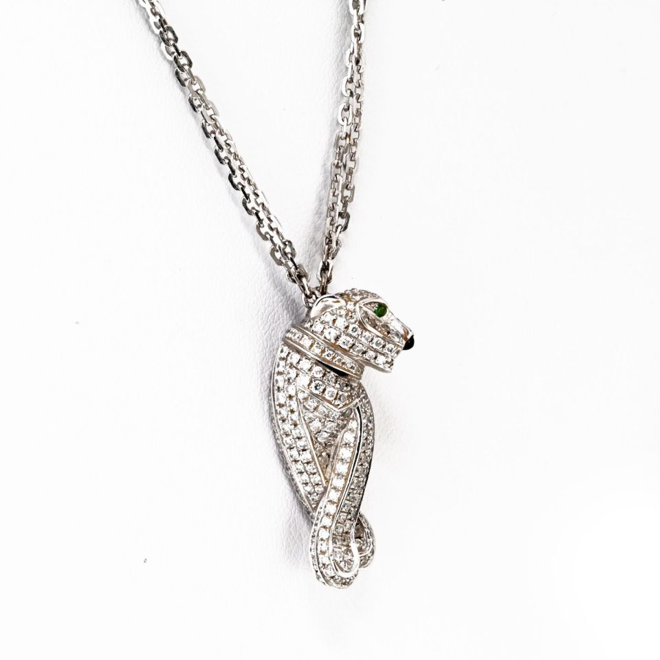 Cartier 18K White Gold Pave Panthere on a Triple Chain Pendant Necklace
