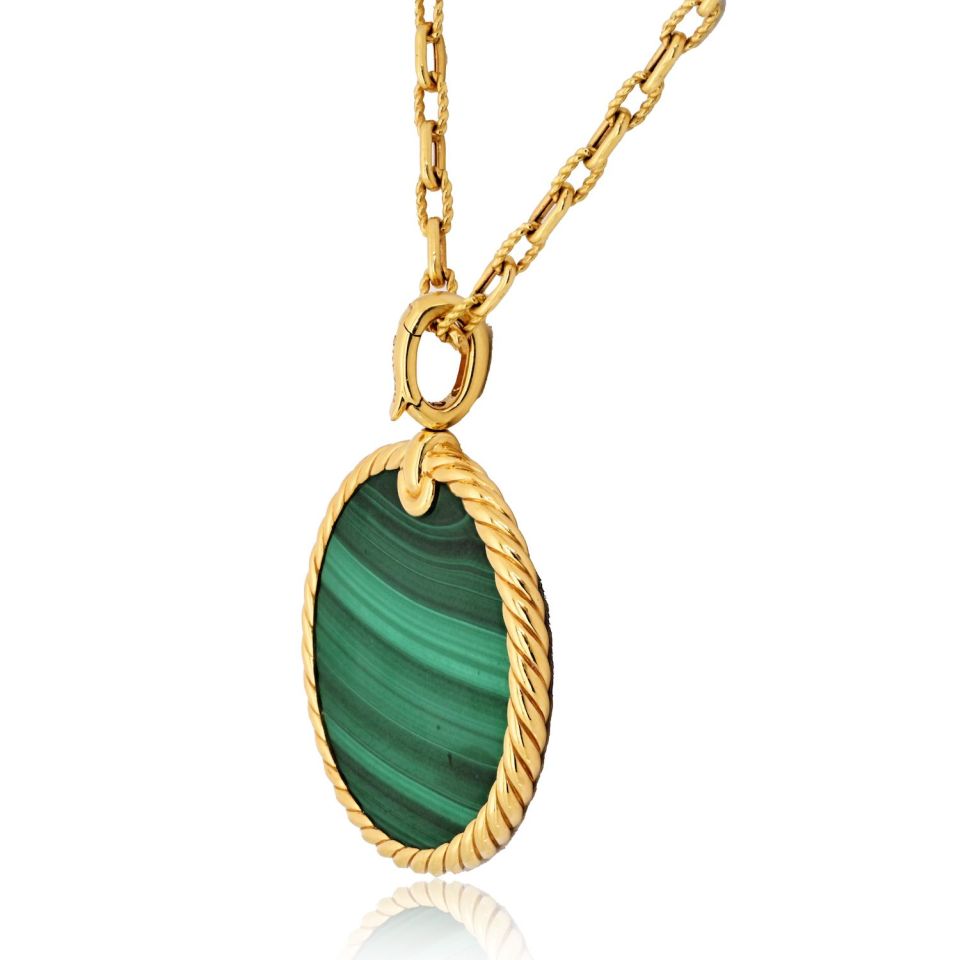 David Yurman 18K Yellow Gold Malachite Round Disc Pendant On A Chain Necklace