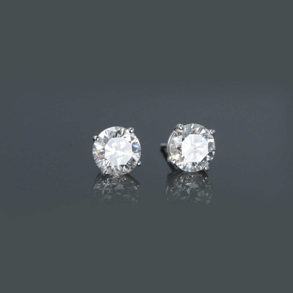 One Pair of Round Diamond Ear Studs 3.06 carat cttw containing 1.52 carat H/VS2 EGLUS & 1.54 carat H/VS2 EGLUS Set in 14K White Gold