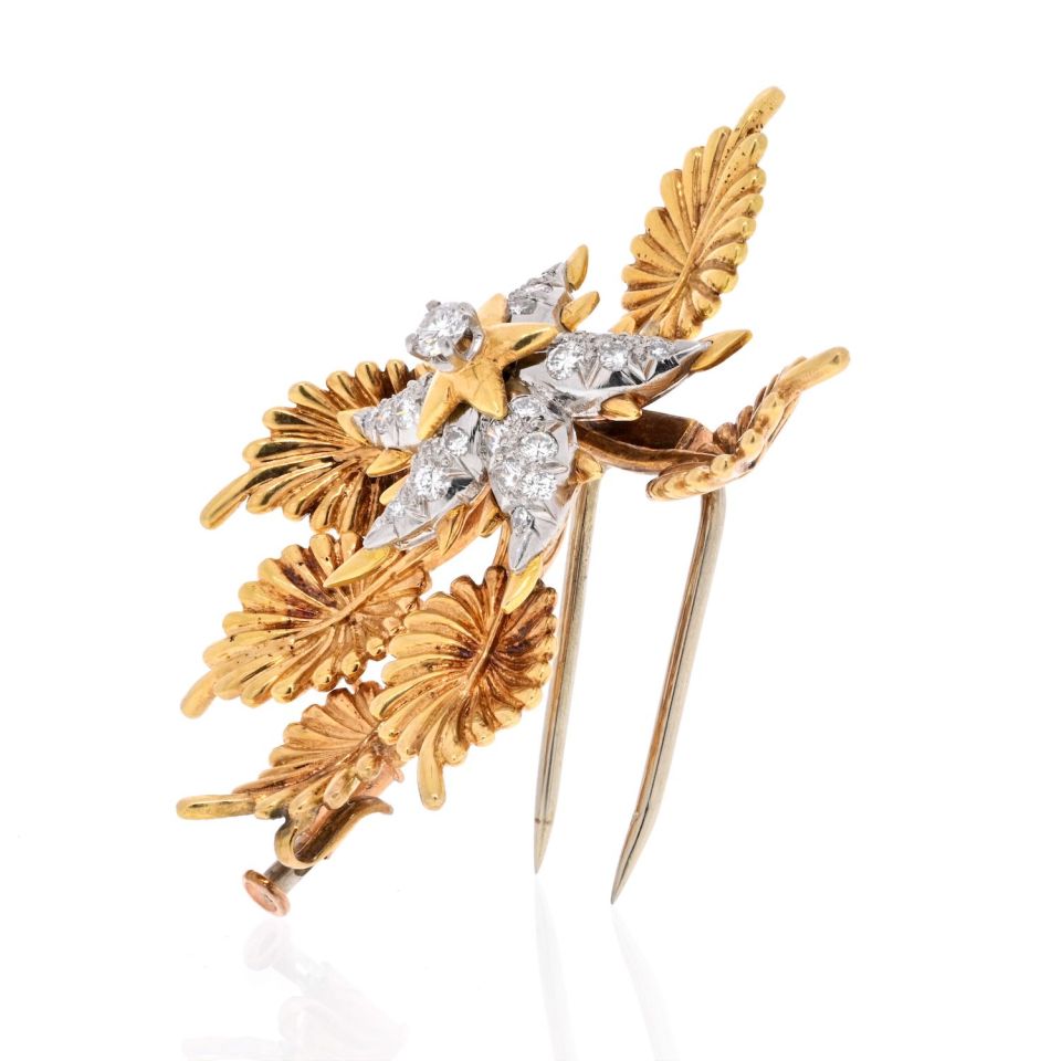 Tiffany & Co. 18K Yellow Gold Schlumberger Diamond Foliage Brooch