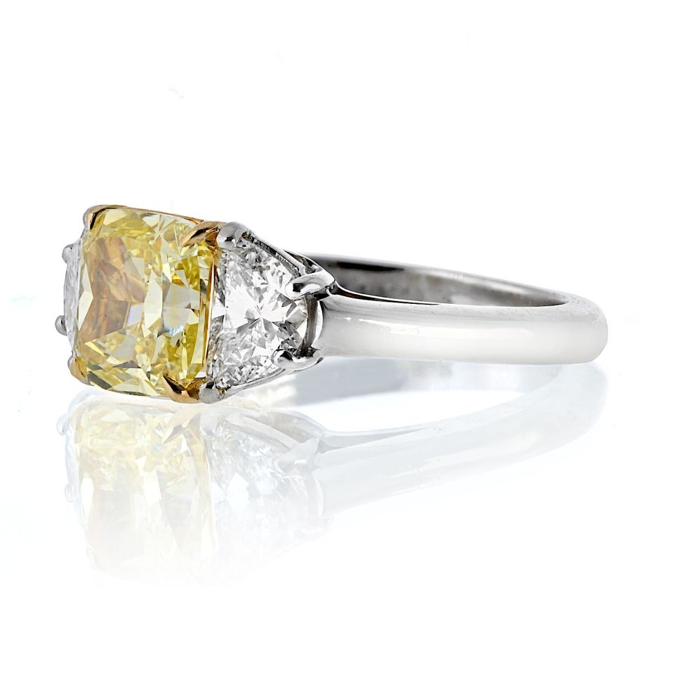 2 carat Cushion Cut Diamond Fancy Intense Yellow GIA Three Stone Engagement Ring