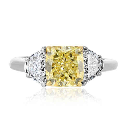 2 carat Cushion Cut Diamond Fancy Intense Yellow GIA Three Stone Engagement Ring