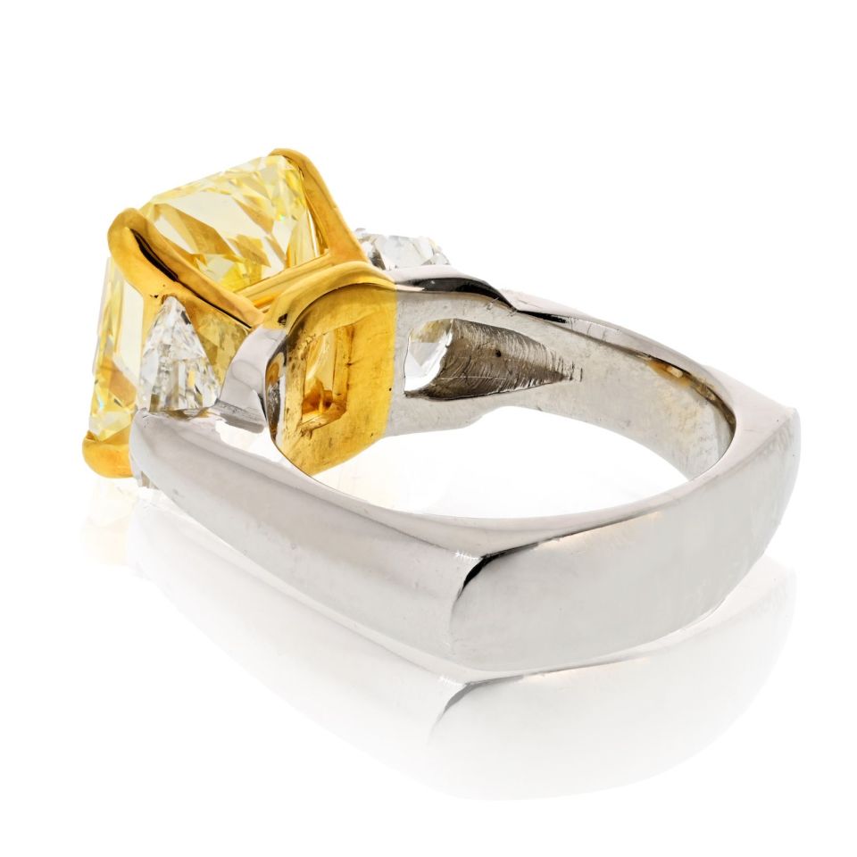 7 carat Radiant Cut Fancy Intense Yellow GIA Three Stone Diamond Engagement Ring