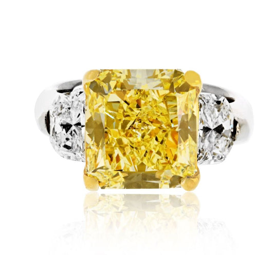 7 carat Radiant Cut Fancy Intense Yellow GIA Three Stone Diamond Engagement Ring