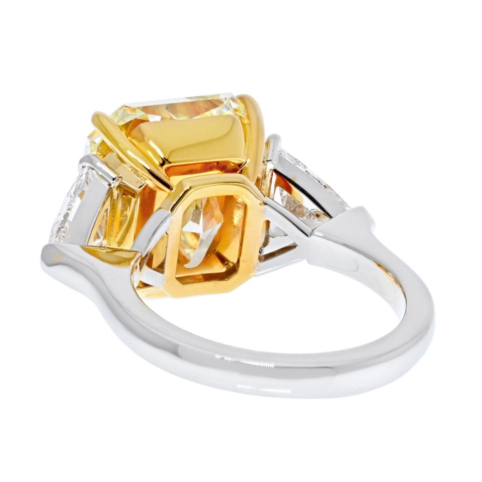 0.78 carat Trillian Diamond E GIA 10.98 Carat Radiant Cut Fancy Yellow VVS2 Ring
