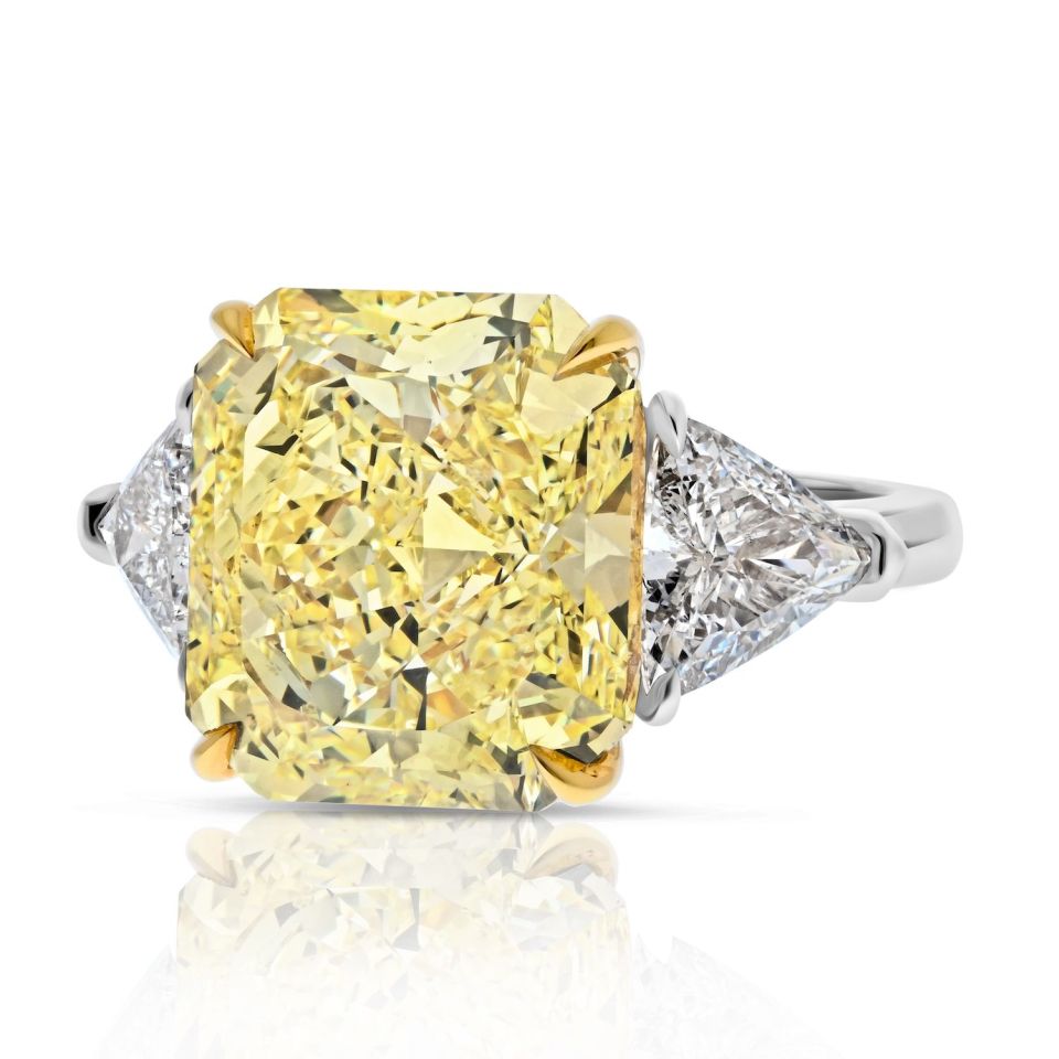 0.78 carat Trillian Diamond E GIA 10.98 Carat Radiant Cut Fancy Yellow VVS2 Ring