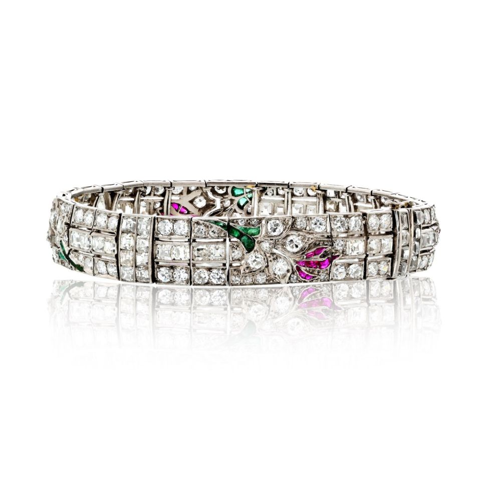 Art Deco Platinum Diamond, Ruby, Emerald And Onyx Bracelet