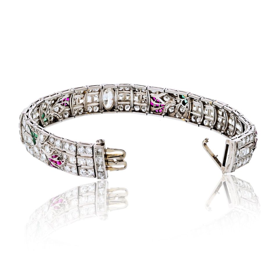 Art Deco Platinum Diamond, Ruby, Emerald And Onyx Bracelet