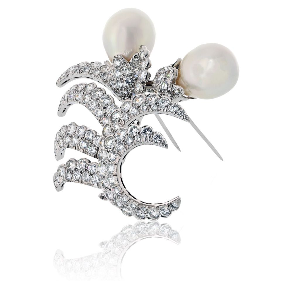 David Webb Platinum Double Pearl And 12.00cttw Diamond Brooch