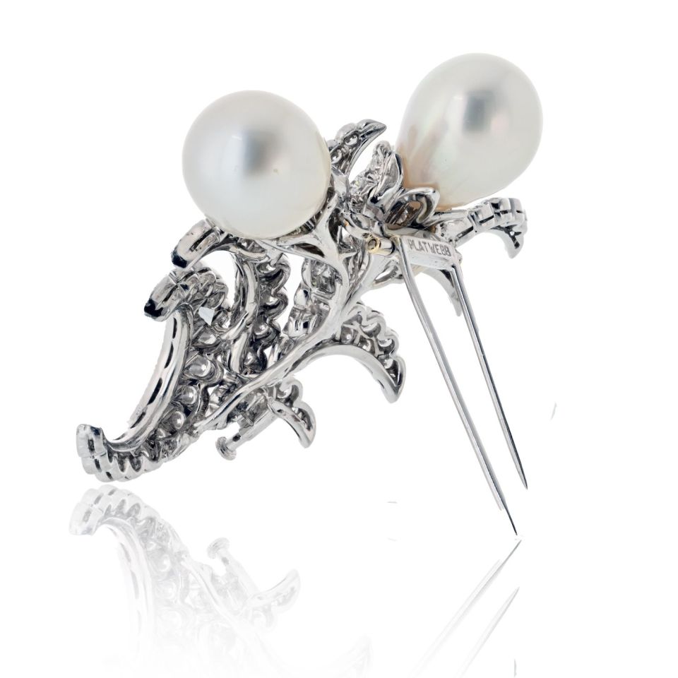 David Webb Platinum Double Pearl And 12.00cttw Diamond Brooch