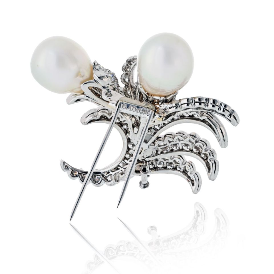 David Webb Platinum Double Pearl And 12.00cttw Diamond Brooch