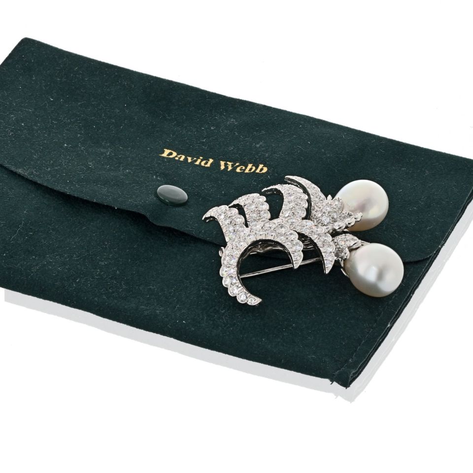 David Webb Platinum Double Pearl And 12.00cttw Diamond Brooch