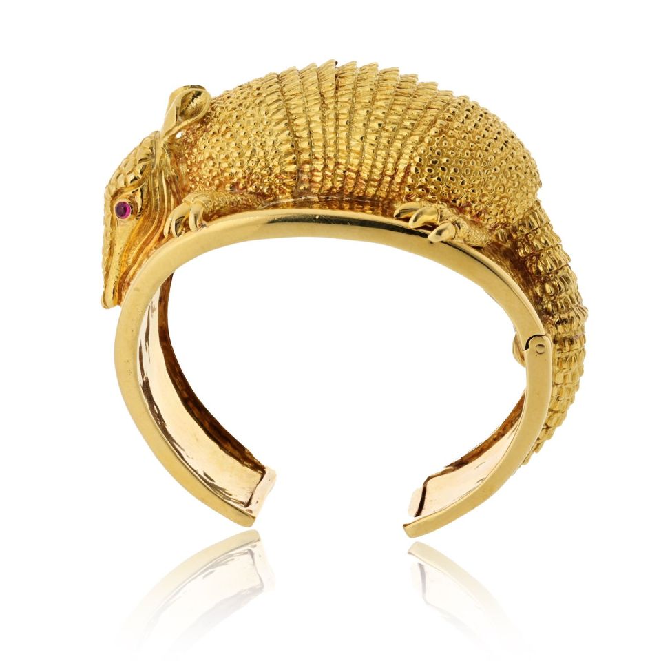 David Webb 18K Yellow Gold Armadillo Cuff With Ruby Eyes Bracelet