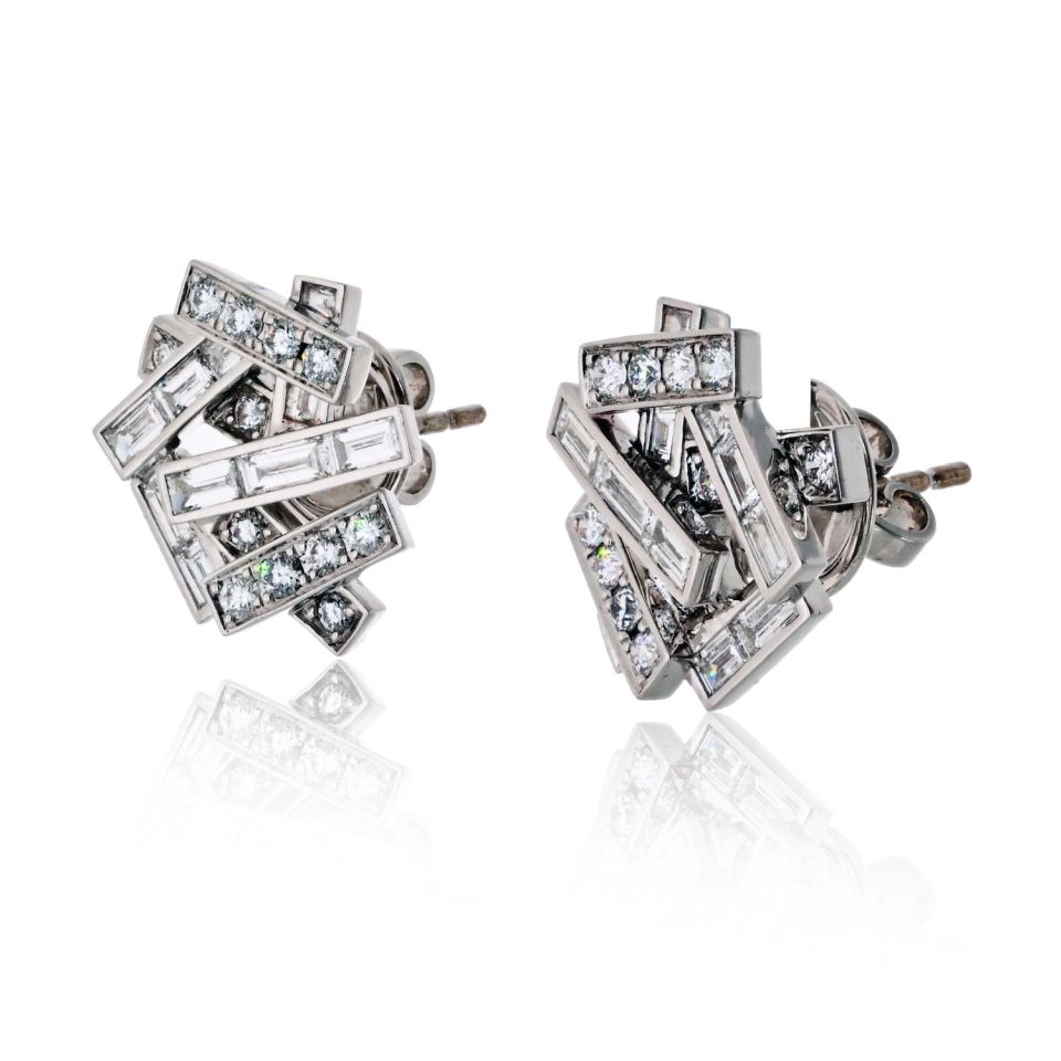 Graff 18K White Gold Threads Baguette And Round Earrings