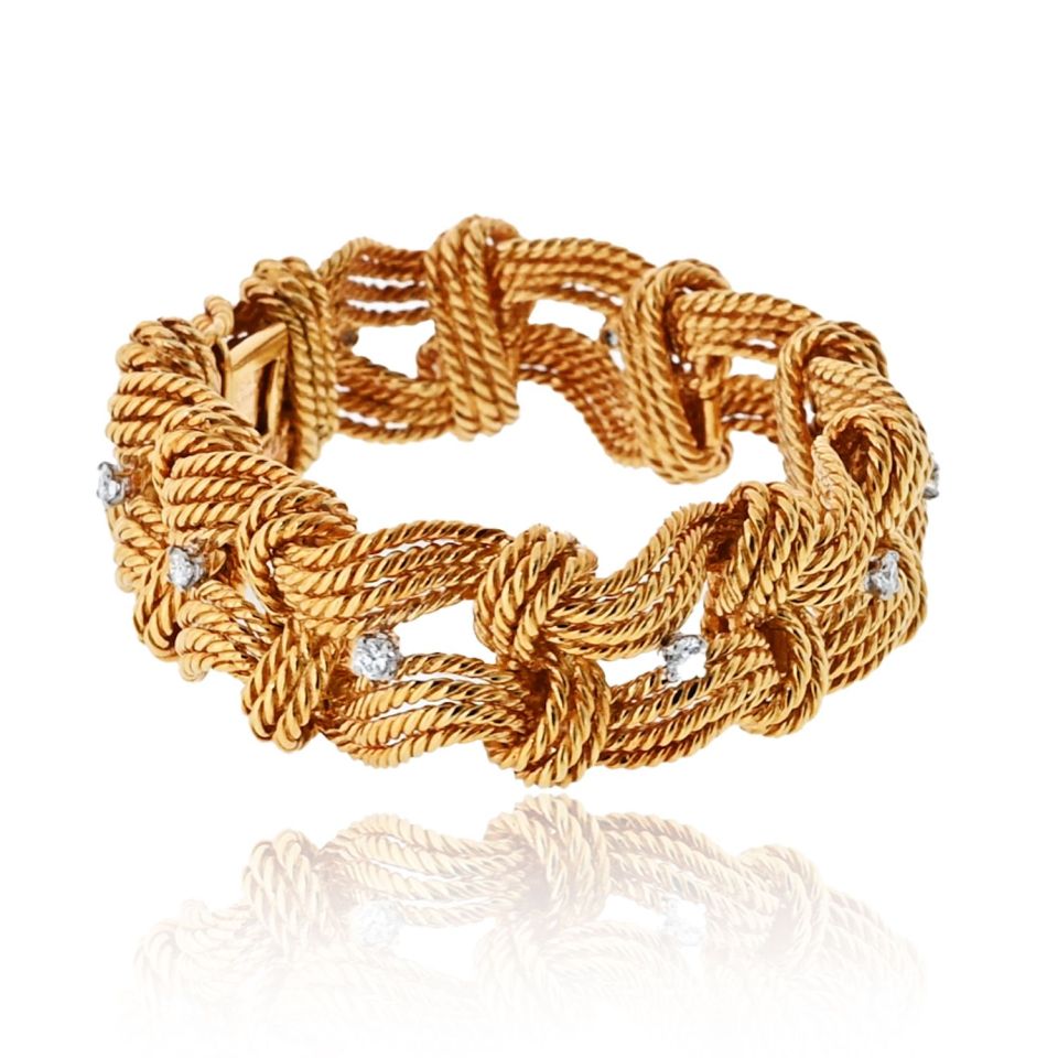 Van Cleef & Arpels 18K Yellow Gold Twist Rope Diamond Accented Bracelet