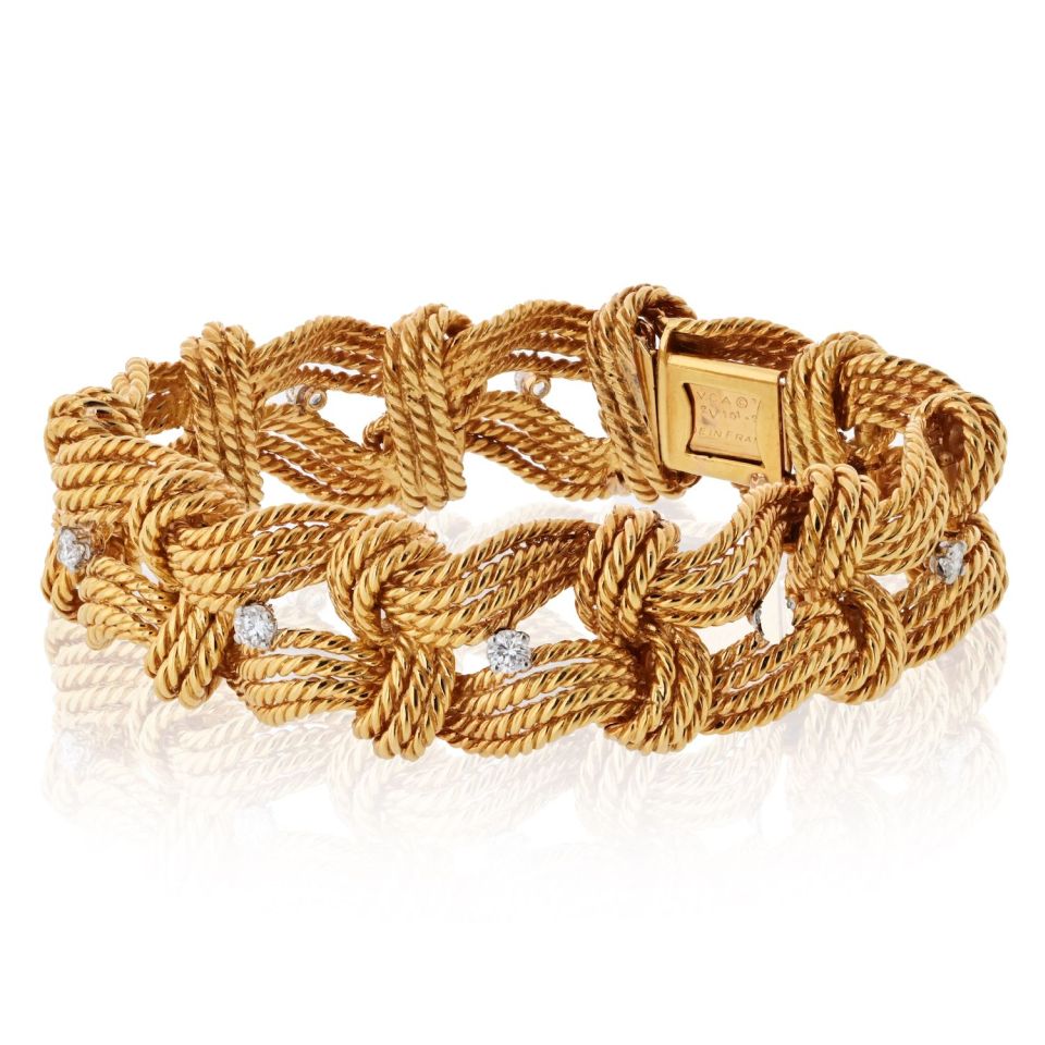Van Cleef & Arpels 18K Yellow Gold Twist Rope Diamond Accented Bracelet