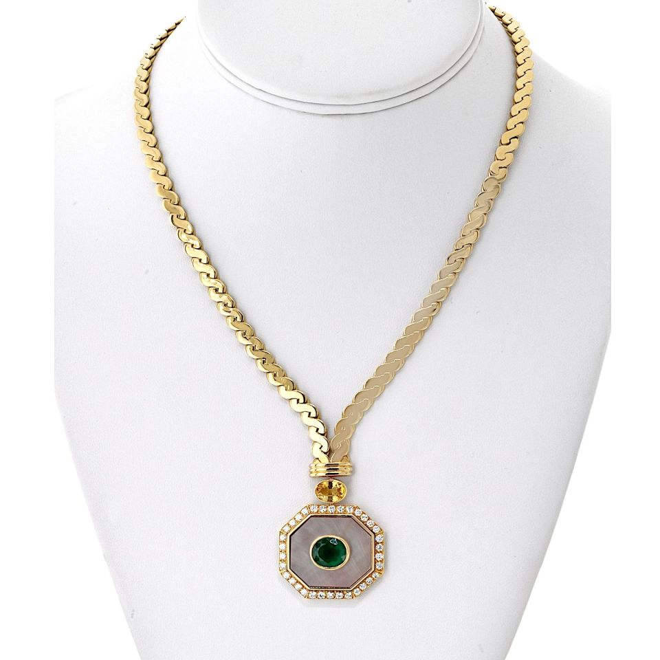 Van Cleef & Arpels 18K Yellow Gold Green emerald, Yellow Sapphire, Mother Of Pearl Necklace