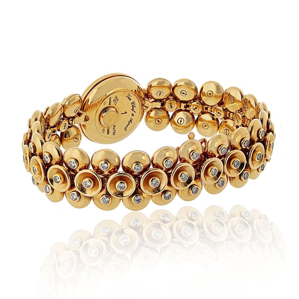 Van Cleef & Arpels 18K Yellow Gold Bouton D'or Medium Model Diamond Dial Watch