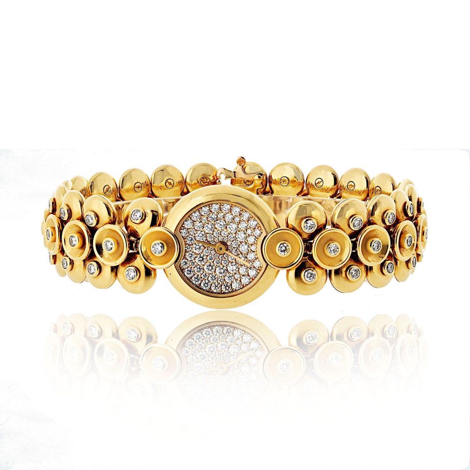 Van Cleef & Arpels 18K Yellow Gold Bouton D'or Medium Model Diamond Dial Watch