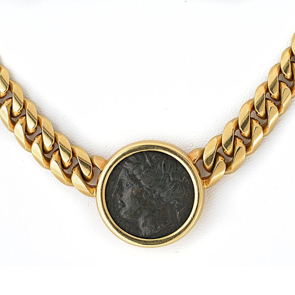 Bvlgari 18K Yellow Gold Monete Coin 4 BC Sicilian Greek Necklace