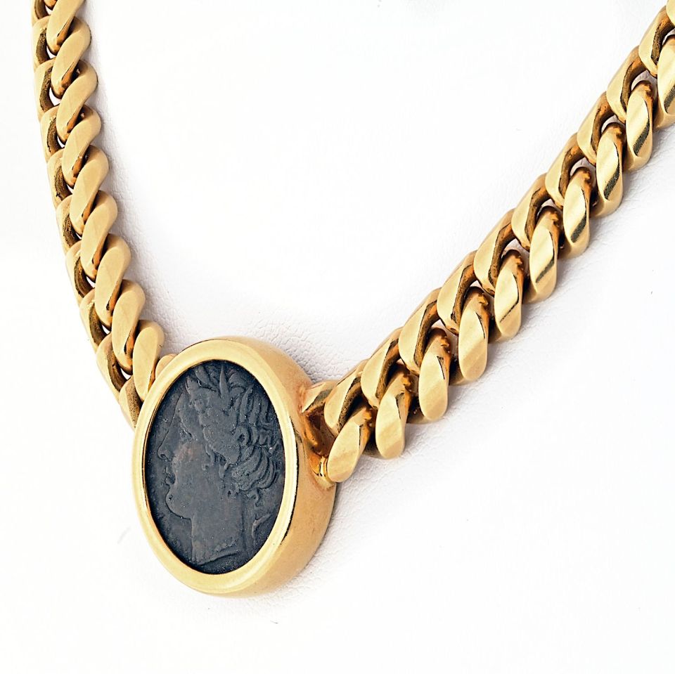 Bvlgari 18K Yellow Gold Monete Coin 4 BC Sicilian Greek Necklace