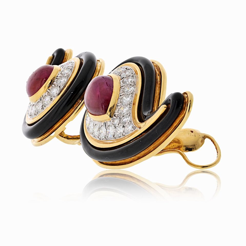 David Webb 18K Yellow Gold Black Enamel, Ruby And Diamond Earrings