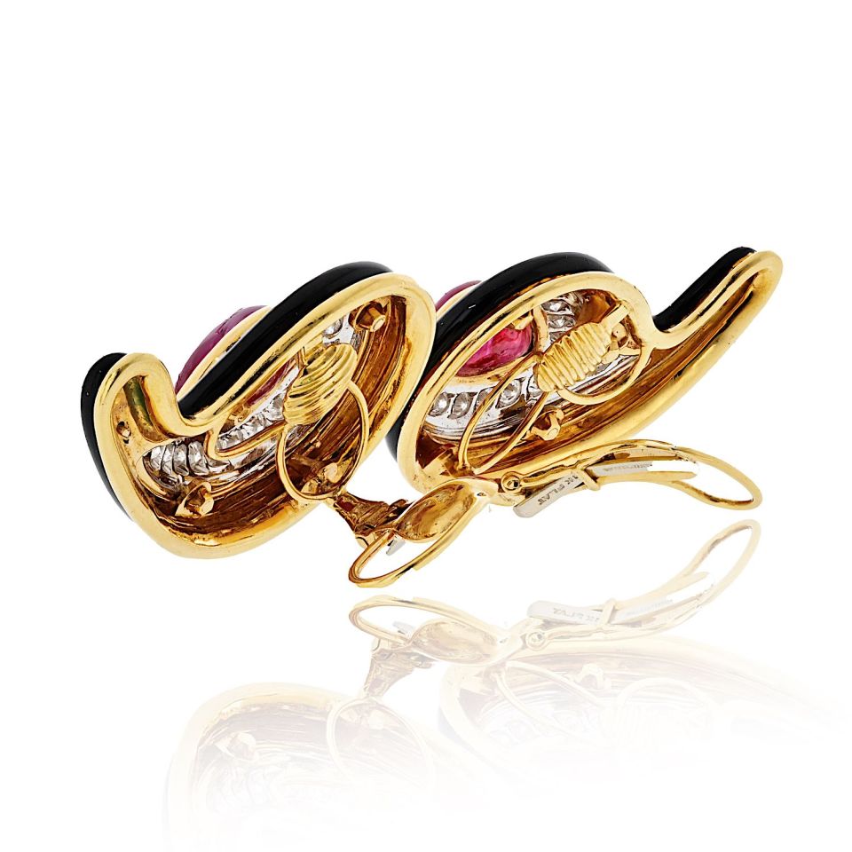 David Webb 18K Yellow Gold Black Enamel, Ruby And Diamond Earrings