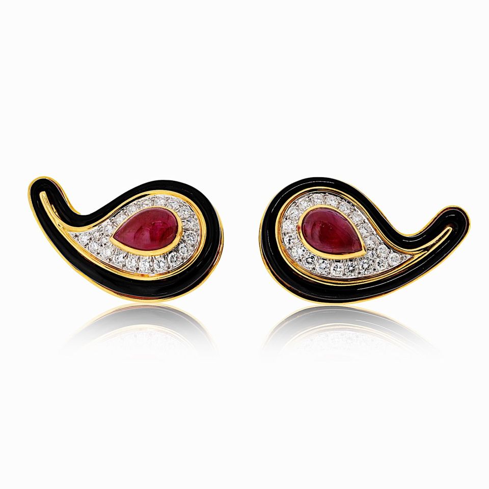 David Webb 18K Yellow Gold Black Enamel, Ruby And Diamond Earrings