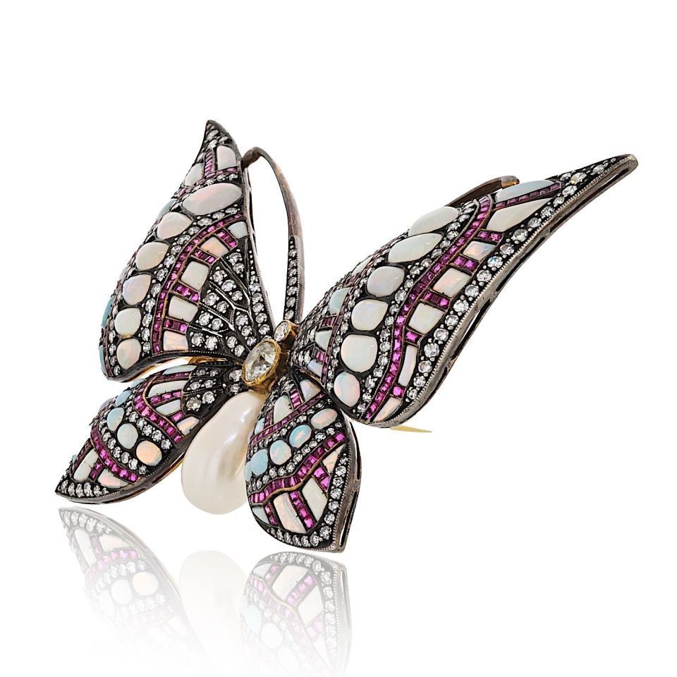 18K Yellow Gold & Silver Light Blue Opal And Daimond Butterfly Brooch
