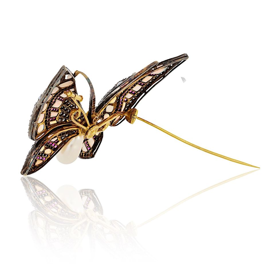 18K Yellow Gold & Silver Light Blue Opal And Daimond Butterfly Brooch