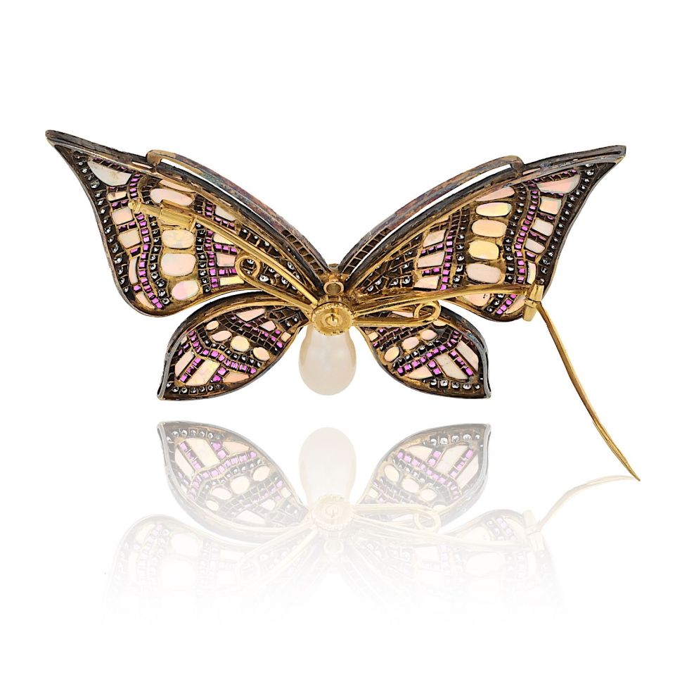 18K Yellow Gold & Silver Light Blue Opal And Daimond Butterfly Brooch