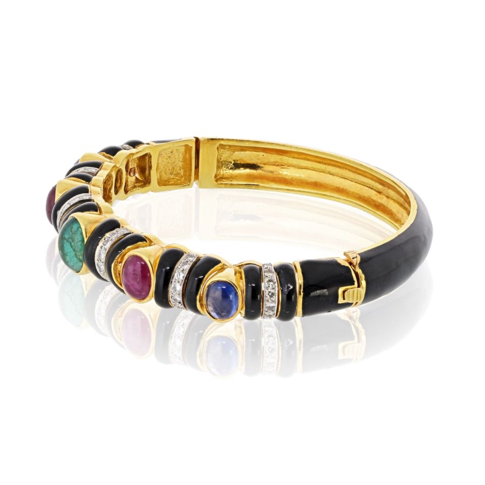 David Webb 18K Yellow Gold Black Enamel With Gemstones And Diamonds Bracelet