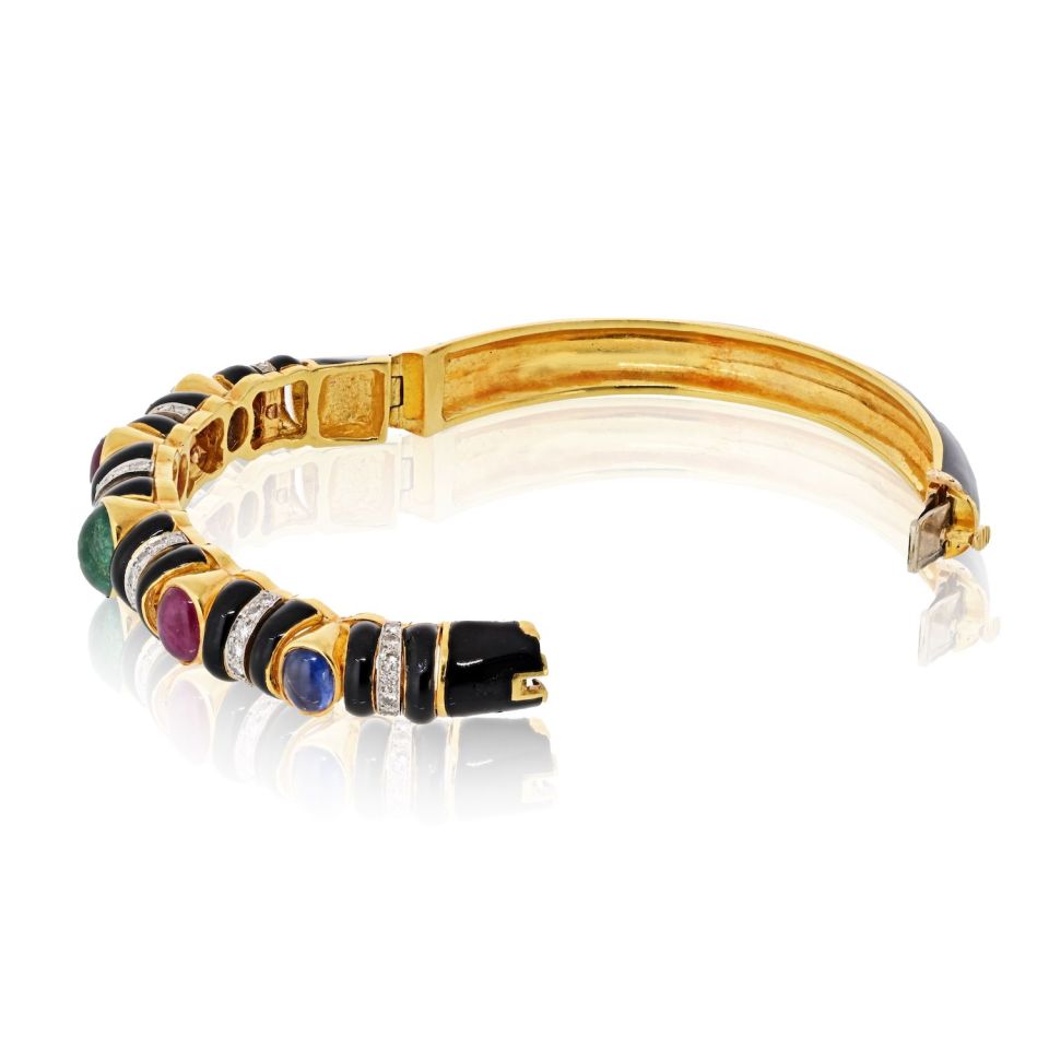 David Webb 18K Yellow Gold Black Enamel With Gemstones And Diamonds Bracelet