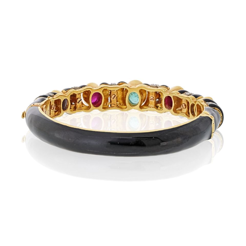 David Webb 18K Yellow Gold Black Enamel With Gemstones And Diamonds Bracelet