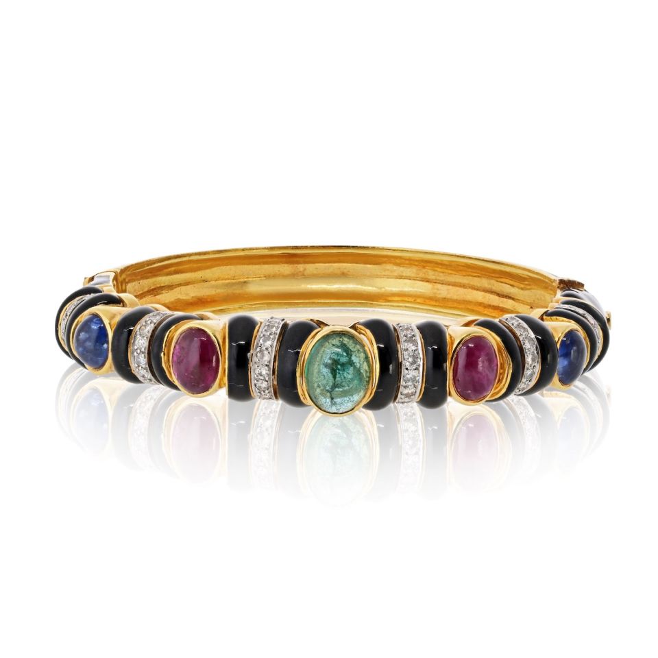 David Webb 18K Yellow Gold Black Enamel With Gemstones And Diamonds Bracelet