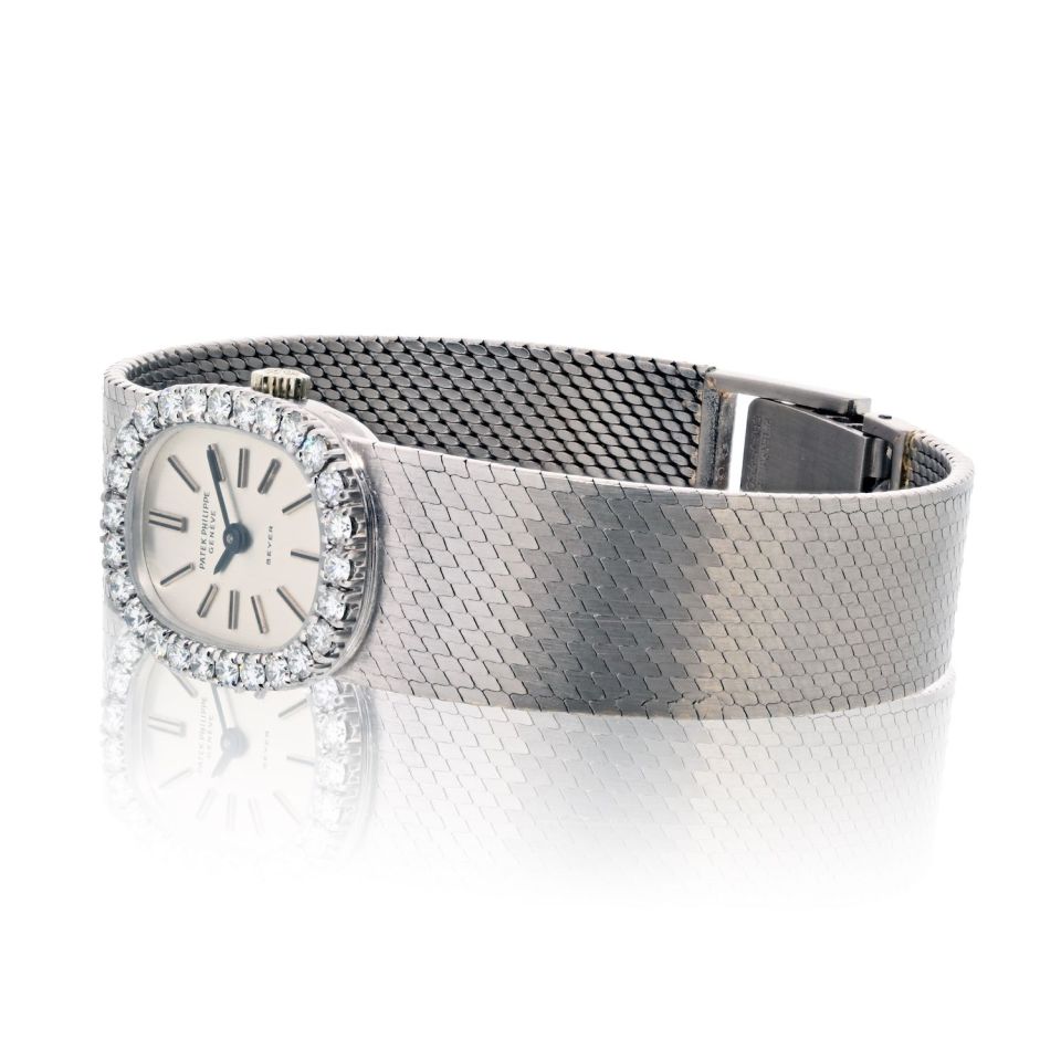 Patek Philippe 18K White Gold Vintage Diamond Bezel Oval Dial Beyer Watch