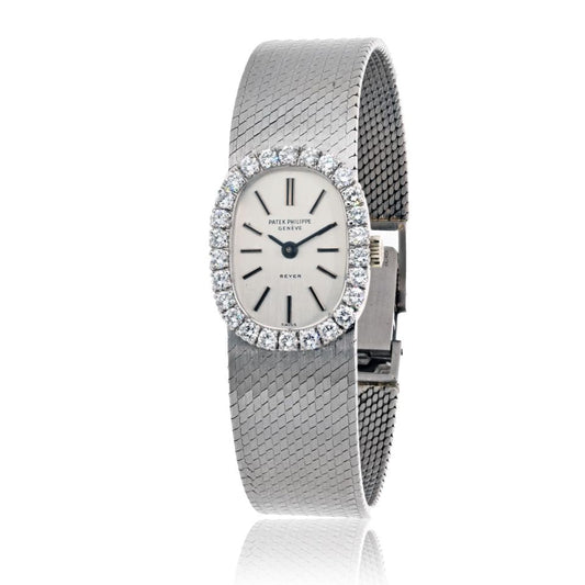 Patek Philippe 18K White Gold Vintage Diamond Bezel Oval Dial Beyer Watch
