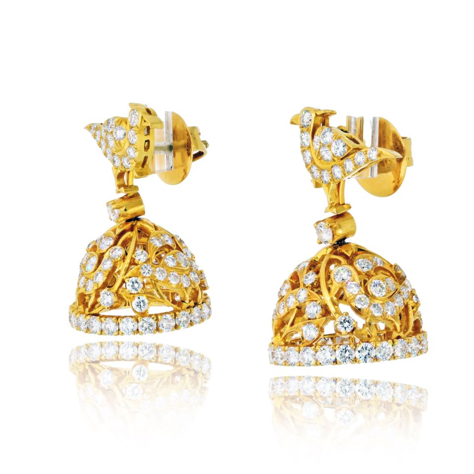 22K Yellow Gold 9.00cttw Round Brilliant Cut Diamond Bird Bell Earrings