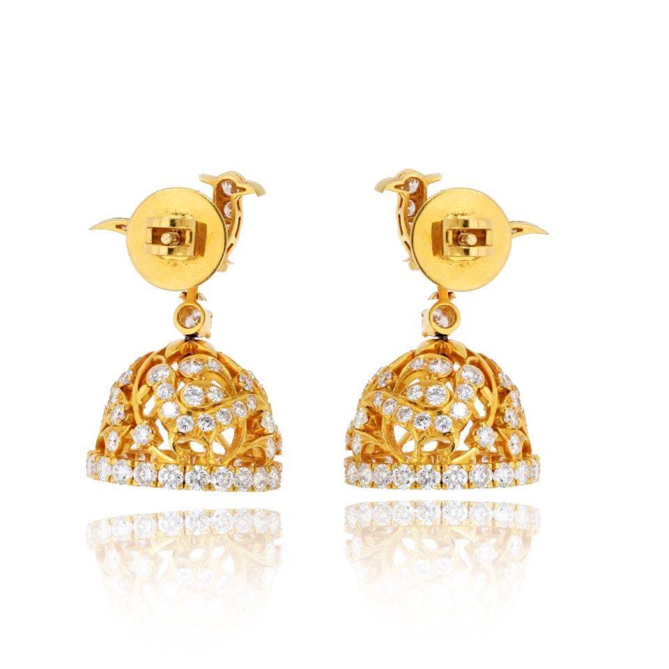 22K Yellow Gold 9.00cttw Round Brilliant Cut Diamond Bird Bell Earrings