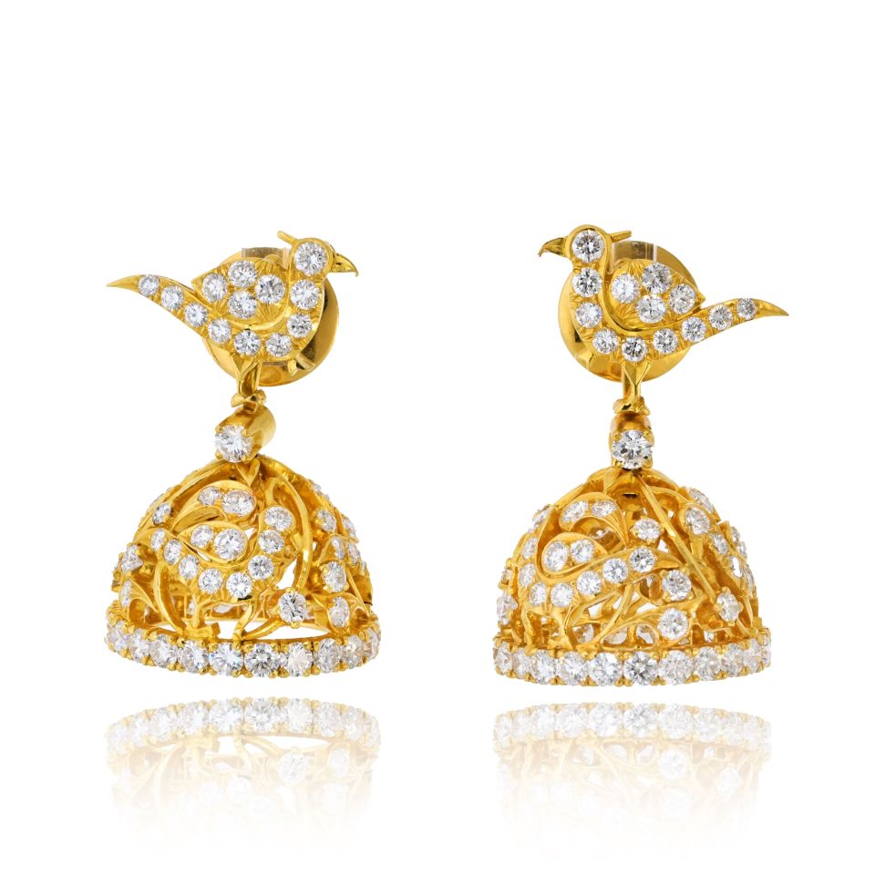 22K Yellow Gold 9.00cttw Round Brilliant Cut Diamond Bird Bell Earrings
