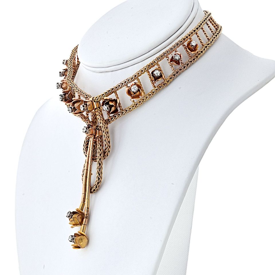 18K Yellow Gold 2.75cttw Mid Century Diamond Floral Chocker Necklace