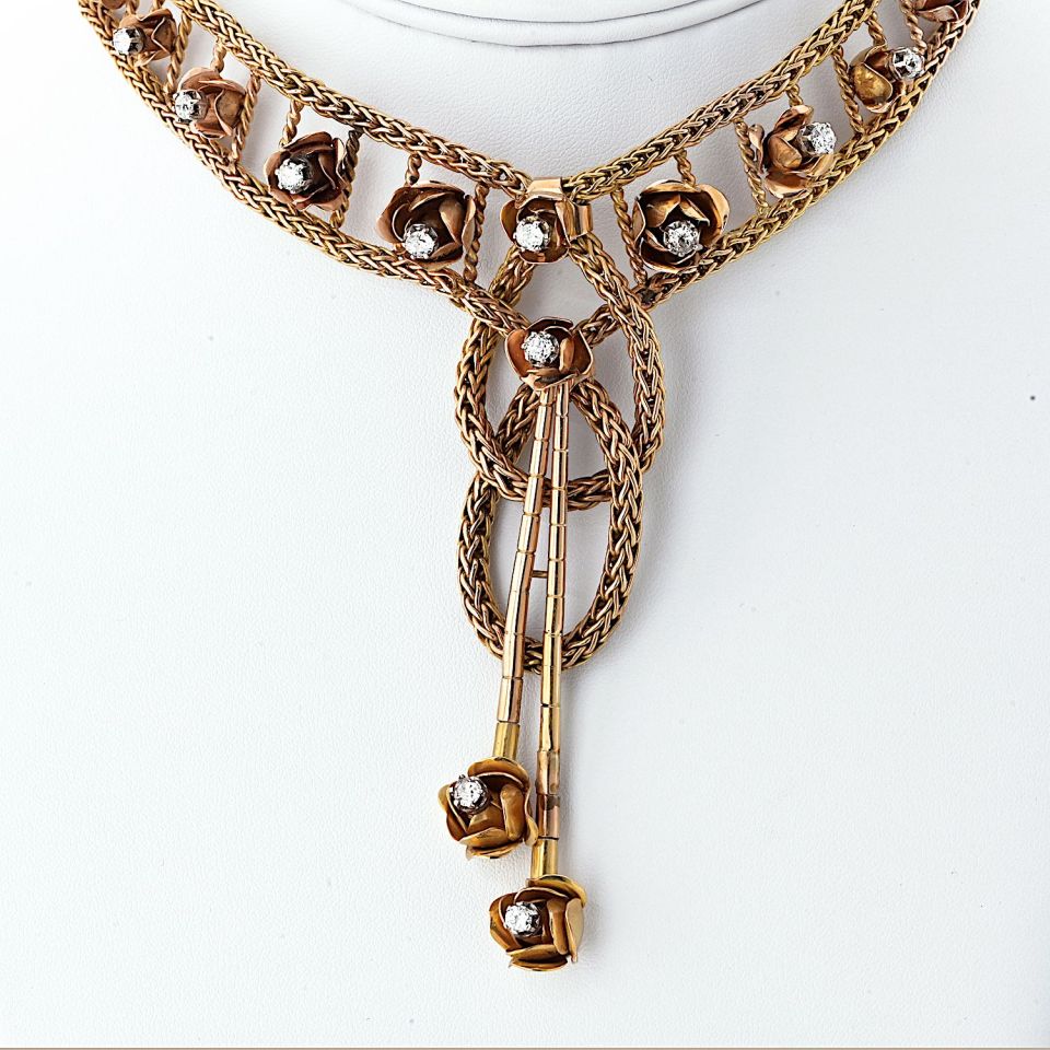 18K Yellow Gold 2.75cttw Mid Century Diamond Floral Chocker Necklace
