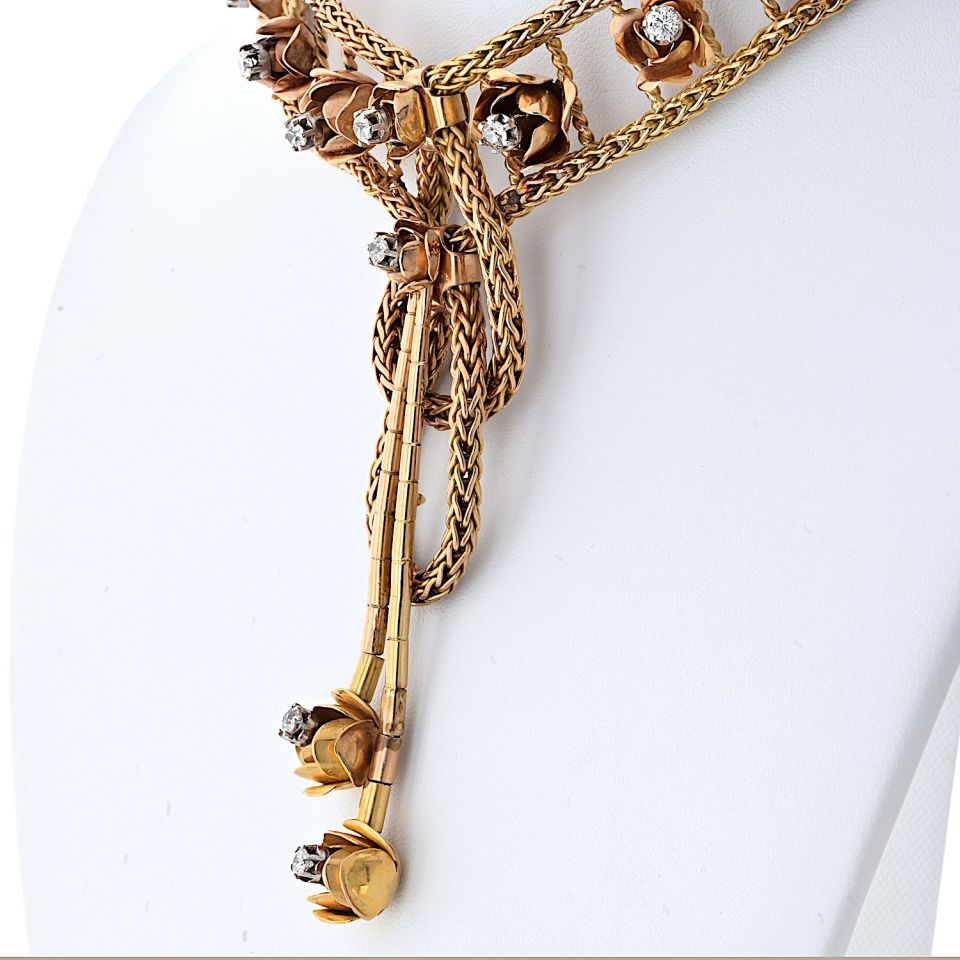 18K Yellow Gold 2.75cttw Mid Century Diamond Floral Chocker Necklace