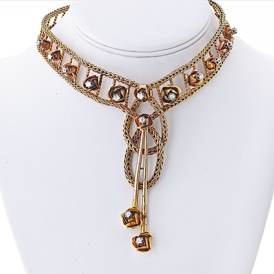 18K Yellow Gold 2.75cttw Mid Century Diamond Floral Chocker Necklace