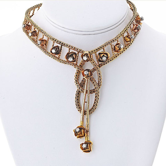 18K Yellow Gold 2.75cttw Mid Century Diamond Floral Chocker Necklace