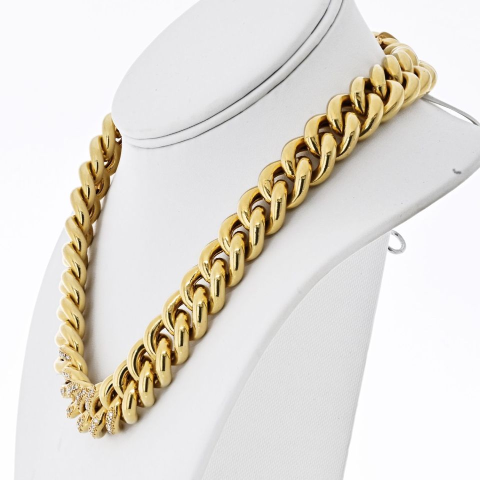 18K Yellow Gold Cuban Chain Link With Round Diamonds 18 Inches Long Necklace