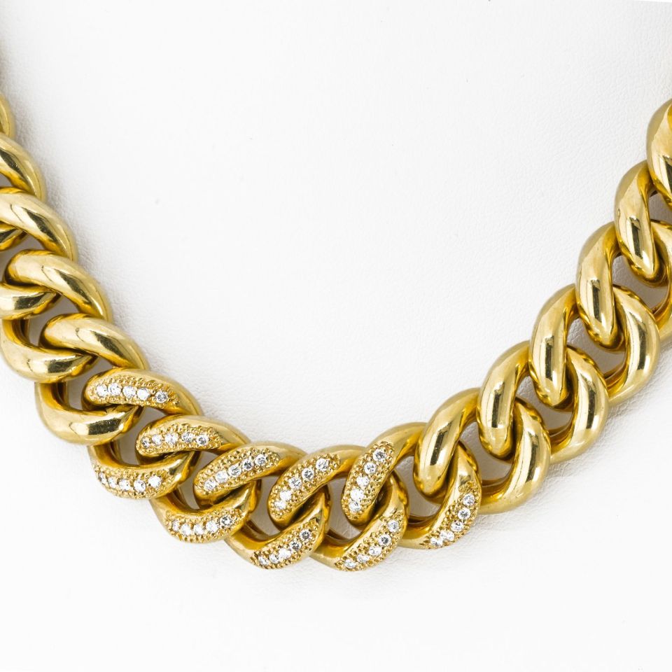 18K Yellow Gold Cuban Chain Link With Round Diamonds 18 Inches Long Necklace