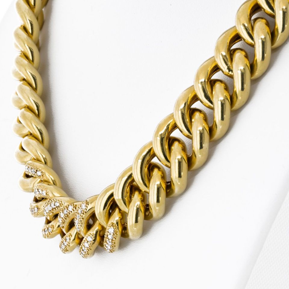 18K Yellow Gold Cuban Chain Link With Round Diamonds 18 Inches Long Necklace