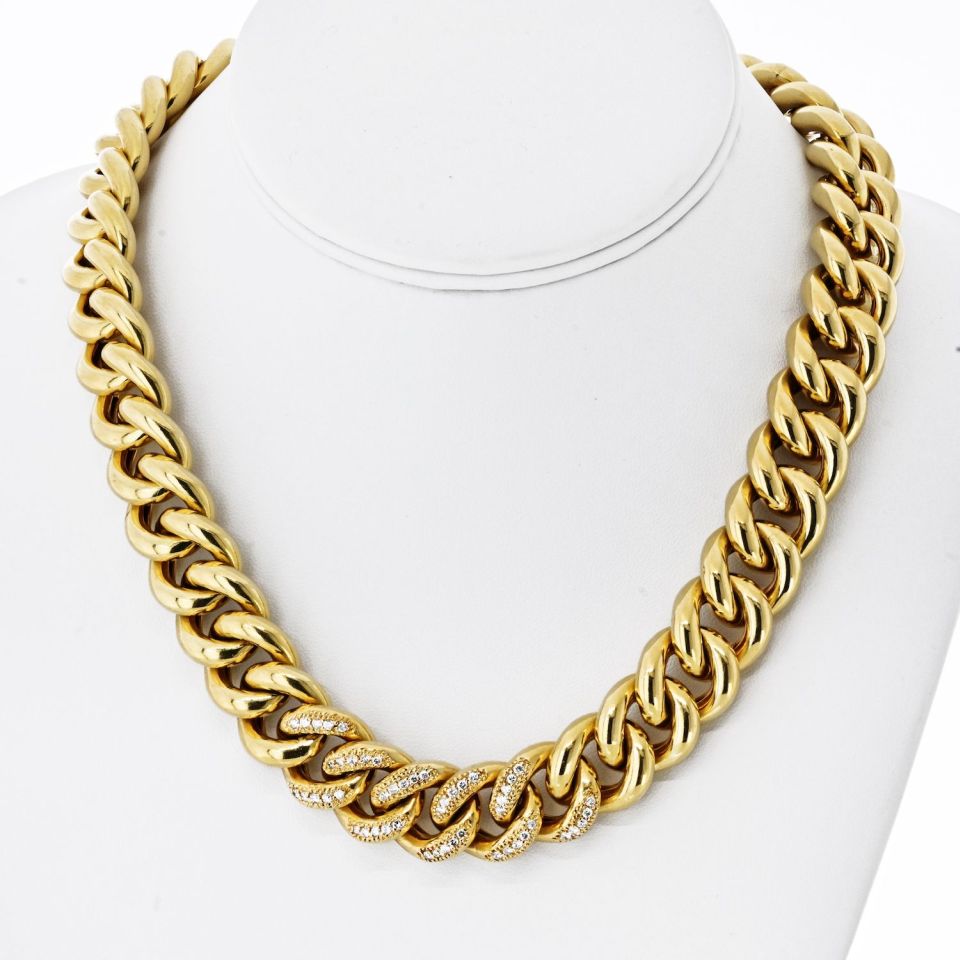 18K Yellow Gold Cuban Chain Link With Round Diamonds 18 Inches Long Necklace