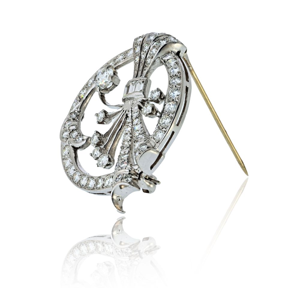 Platinum 4.00cttw Round And Baguette Cut Diamond Brooch